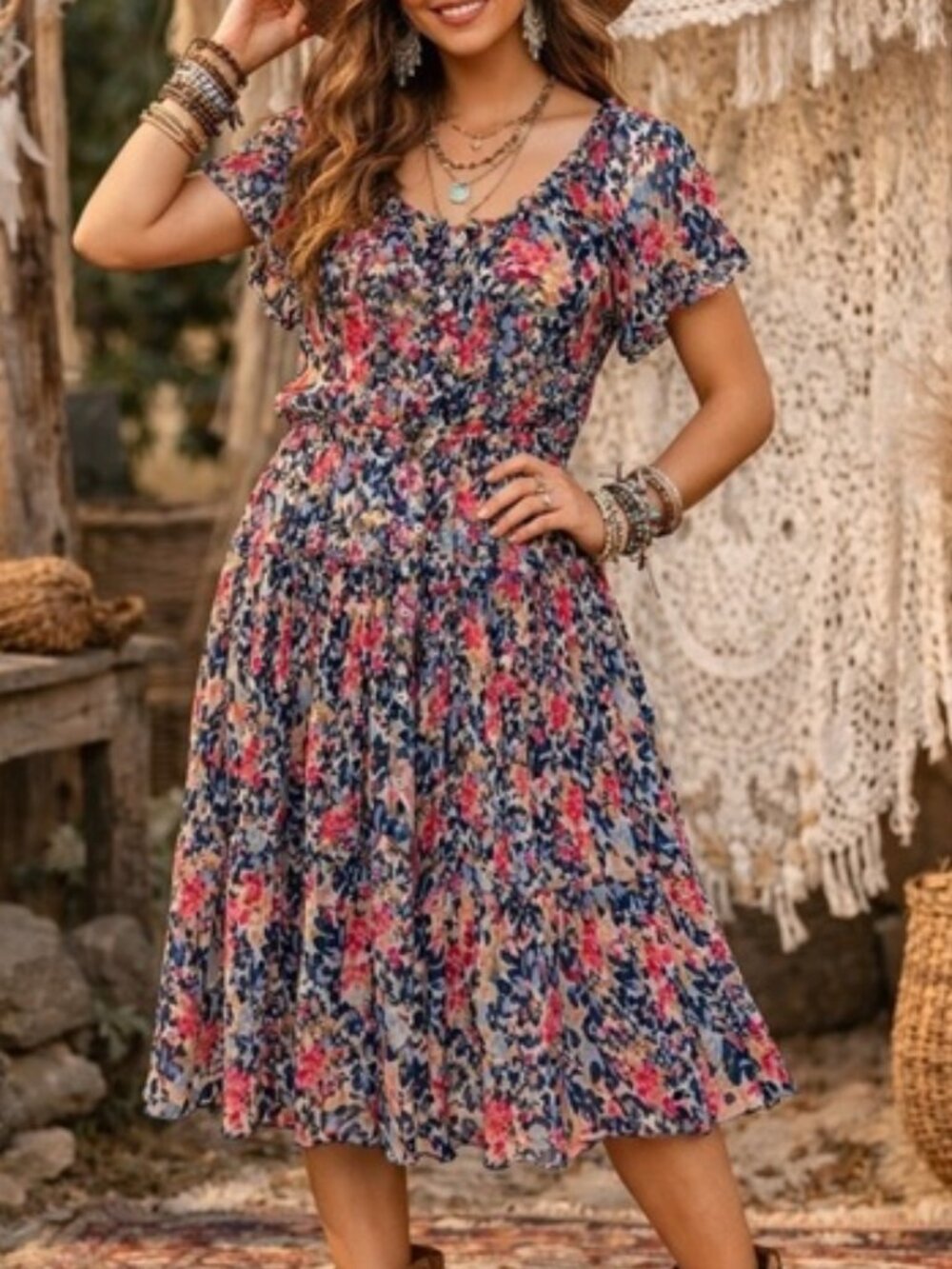 Sundance women's dress size L knee length flowy a-line boho floral short sleeve